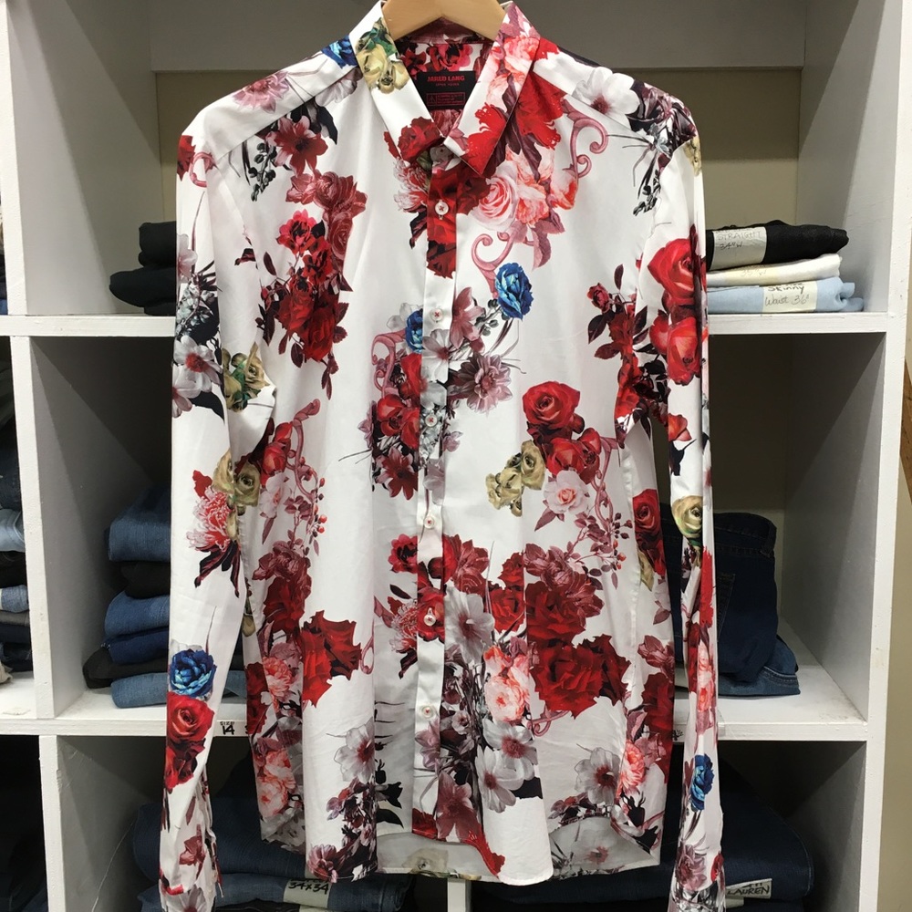 JARED LANG after hours, white floral shirt.